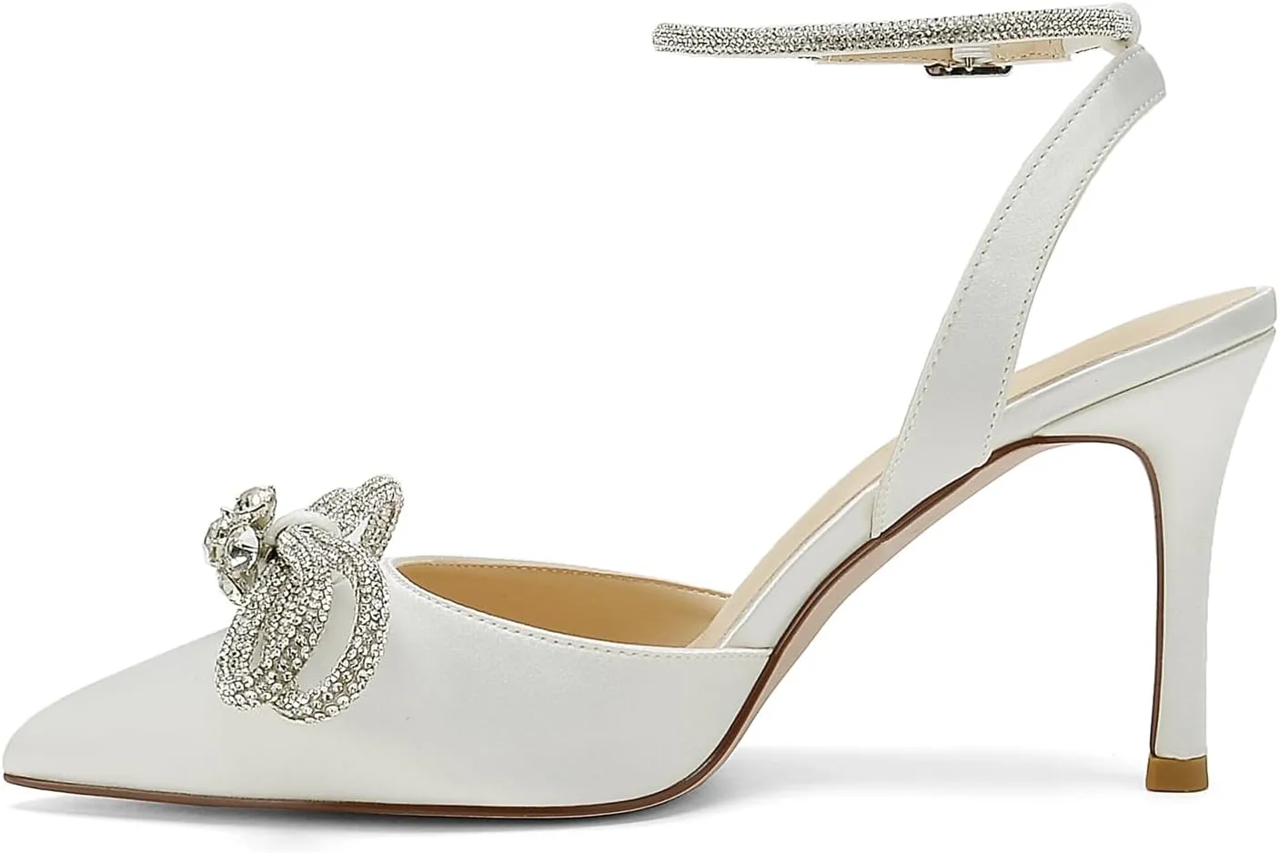 Women's Pointed Toe High Stilettos Satin Ankle Strap Crystal Pumps Wedding Bridal Party Dress Heeled Sandals