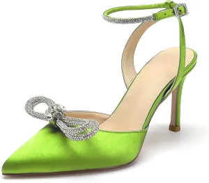 Women's Pointed Toe High Stilettos Satin Ankle Strap Crystal Pumps Wedding Bridal Party Dress Heeled Sandals