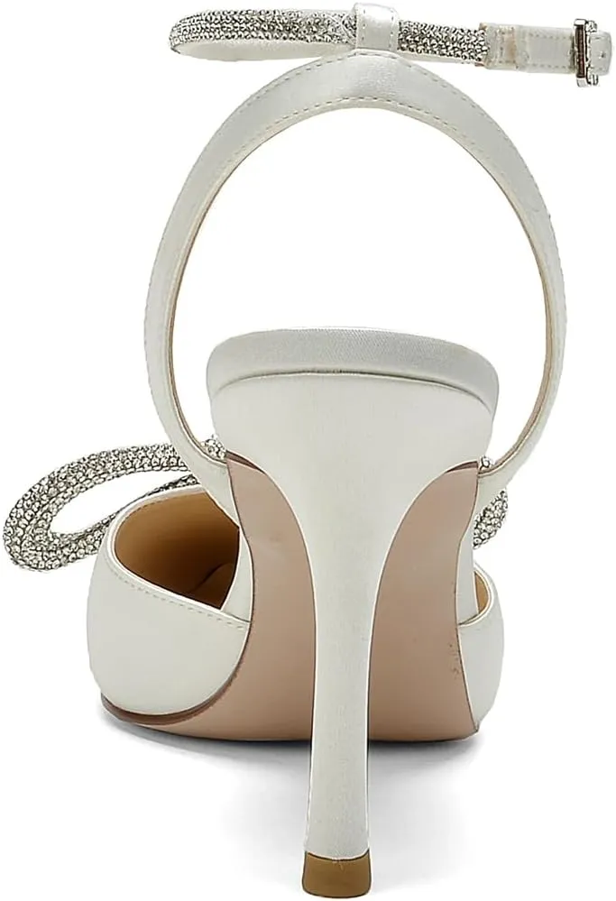 Women's Pointed Toe High Stilettos Satin Ankle Strap Crystal Pumps Wedding Bridal Party Dress Heeled Sandals