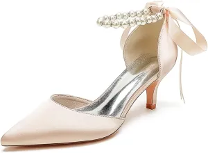 Women's Pointed Toe Kitten Heels Satin Bridal Pumps Ankle Strap Pearls Stilettos Wedding Prom Party Dress Shoes