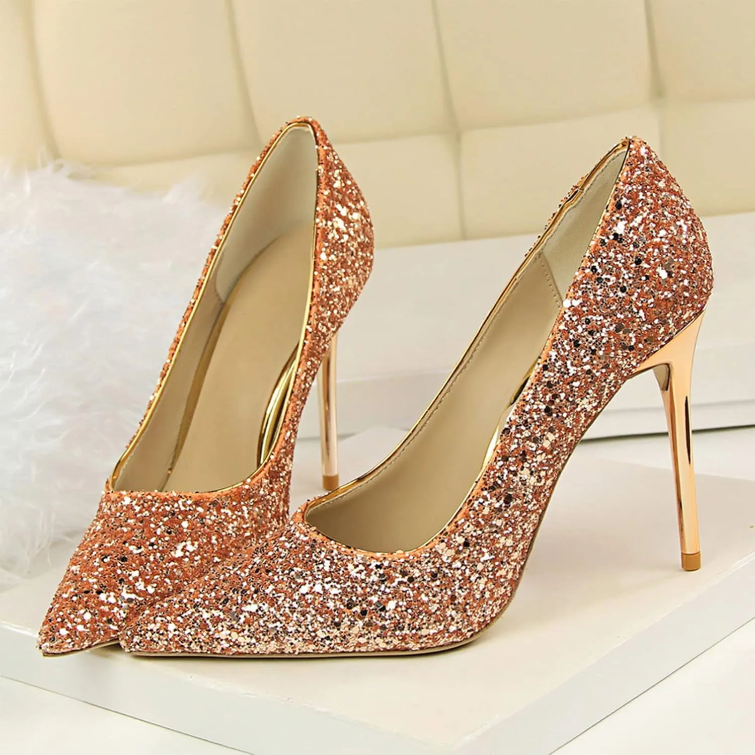 Women's Pointed Toe Pumps High Heel Stilettos Slip-on Rhinestone Sequin Pumps
