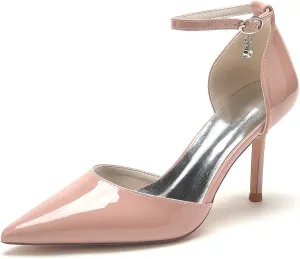 Women's Pointed-Toe Stiletto Pumps with Buckle Detail – 3.34-Inch High Heels, Comfortable Patent Leather Dress Shoes for Weddings, Parties