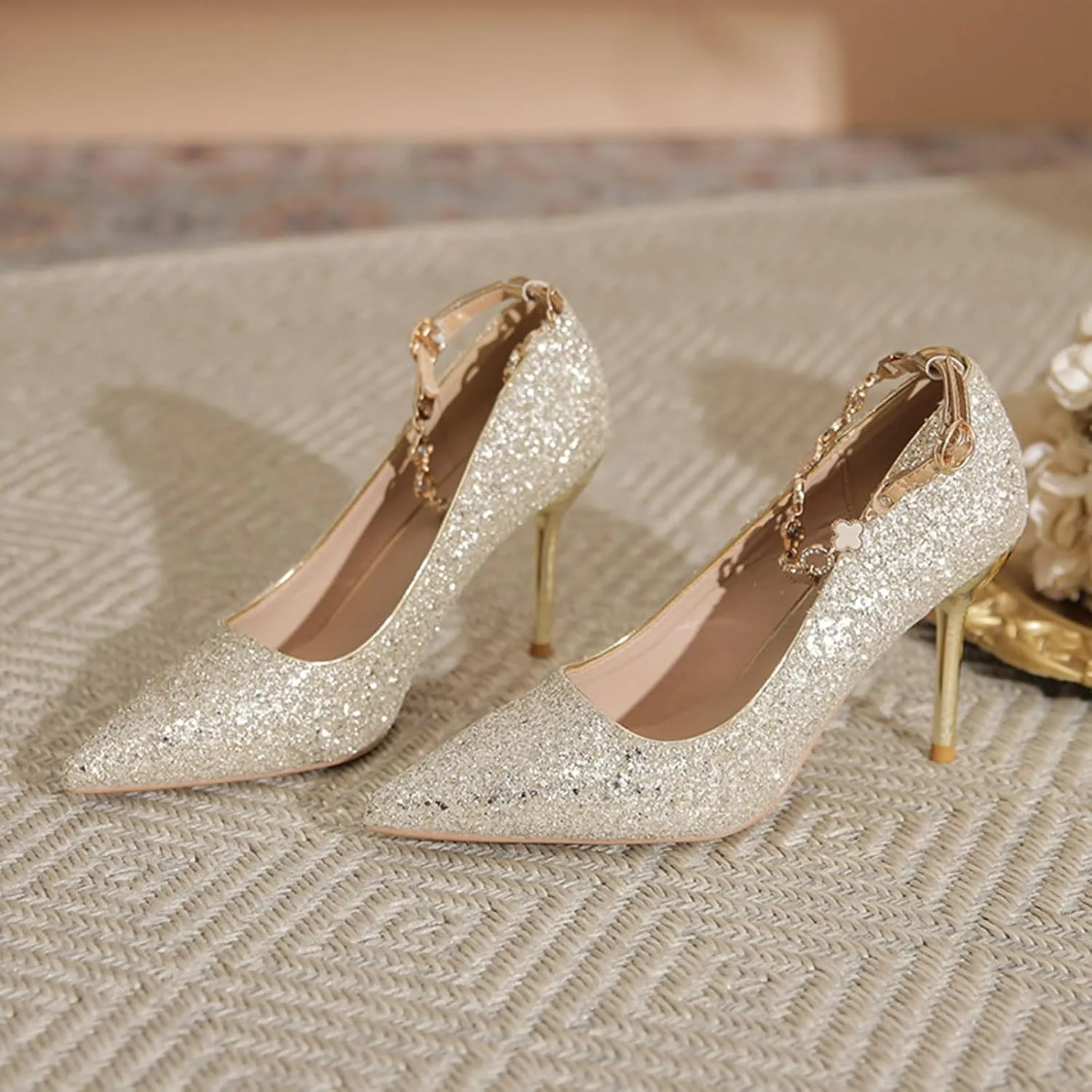 Women's Pointed Toe Stilettos High Heels Fashion Sequins Closed Pointed Toe Slip On Metal Chain Ankle Strap Wedding Party Prom Dress Shoes