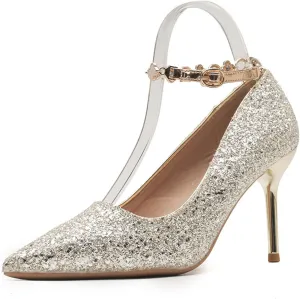 Women's Pointed Toe Stilettos High Heels Fashion Sequins Closed Pointed Toe Slip On Metal Chain Ankle Strap Wedding Party Prom Dress Shoes