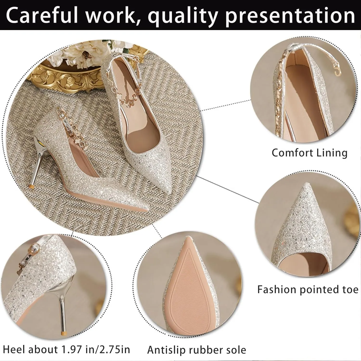 Women's Pointed Toe Stilettos High Heels Fashion Sequins Closed Pointed Toe Slip On Metal Chain Ankle Strap Wedding Party Prom Dress Shoes