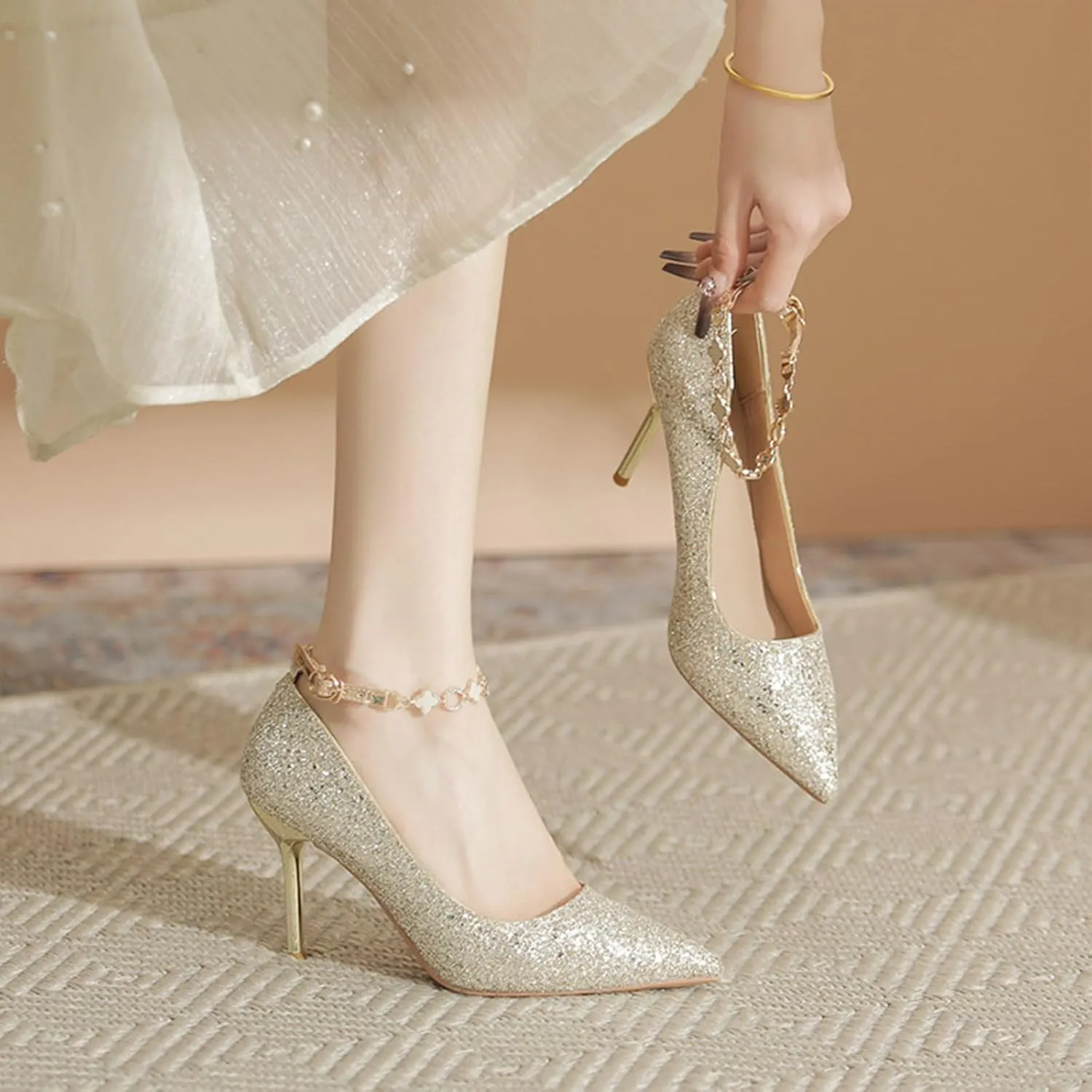 Women's Pointed Toe Stilettos High Heels Fashion Sequins Closed Pointed Toe Slip On Metal Chain Ankle Strap Wedding Party Prom Dress Shoes