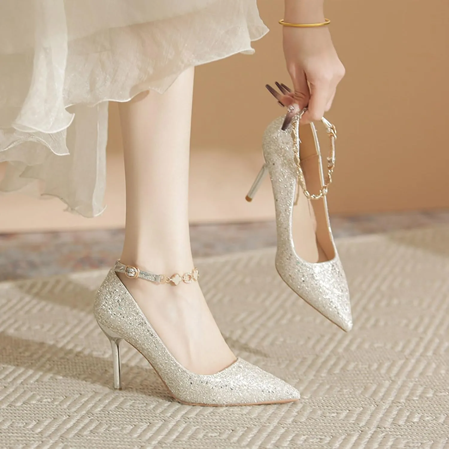 Women's Pointed Toe Stilettos High Heels Fashion Sequins Closed Pointed Toe Slip On Metal Chain Ankle Strap Wedding Party Prom Dress Shoes