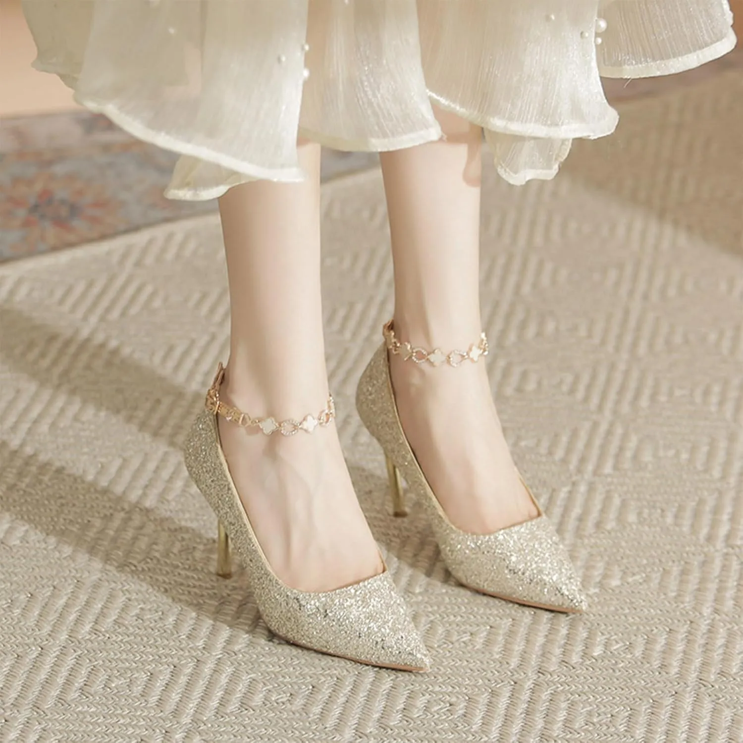 Women's Pointed Toe Stilettos High Heels Fashion Sequins Closed Pointed Toe Slip On Metal Chain Ankle Strap Wedding Party Prom Dress Shoes