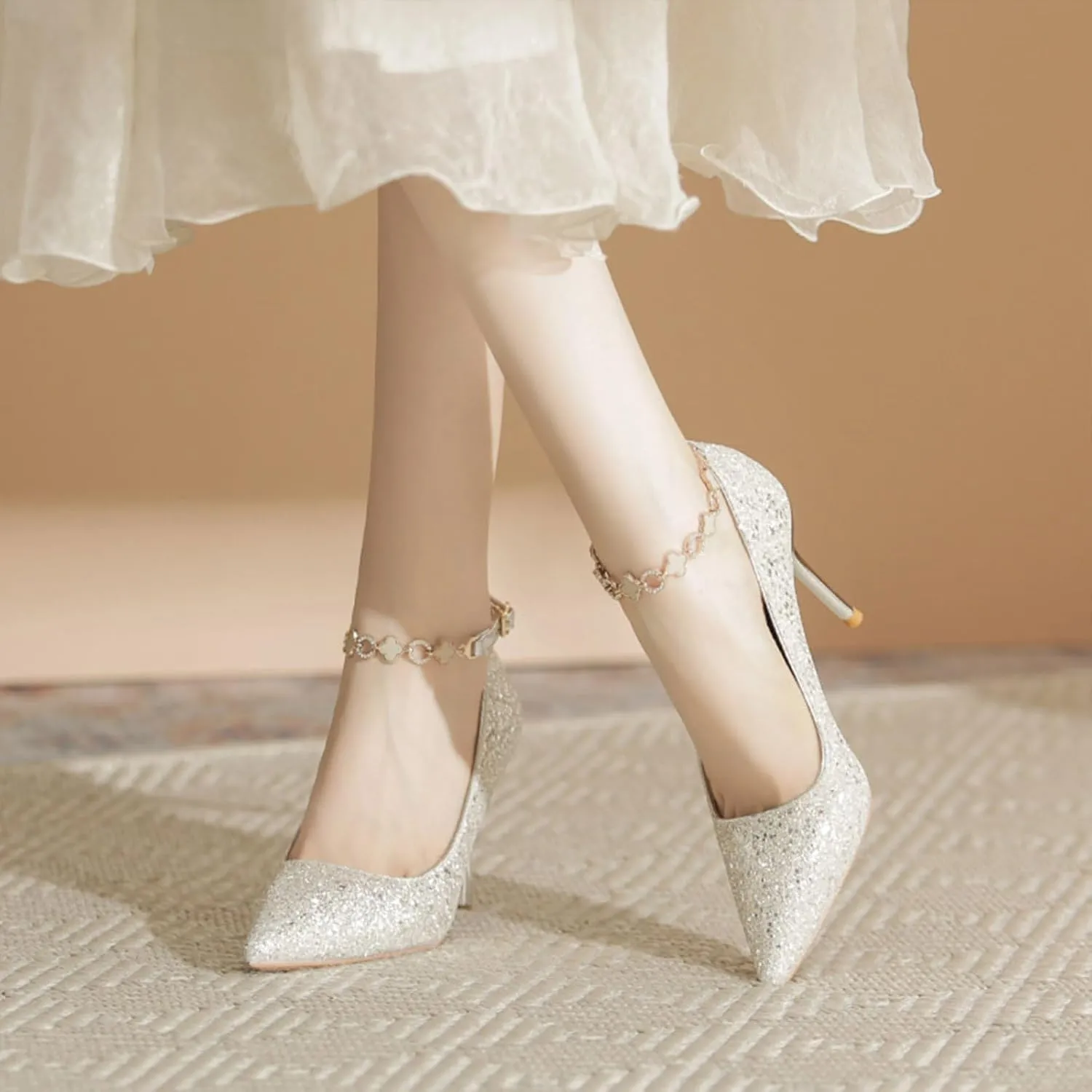 Women's Pointed Toe Stilettos High Heels Fashion Sequins Closed Pointed Toe Slip On Metal Chain Ankle Strap Wedding Party Prom Dress Shoes