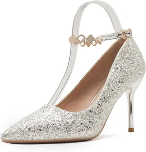 Women's Pointed Toe Stilettos High Heels Fashion Sequins Closed Pointed Toe Slip On Metal Chain Ankle Strap Wedding Party Prom Dress Shoes
