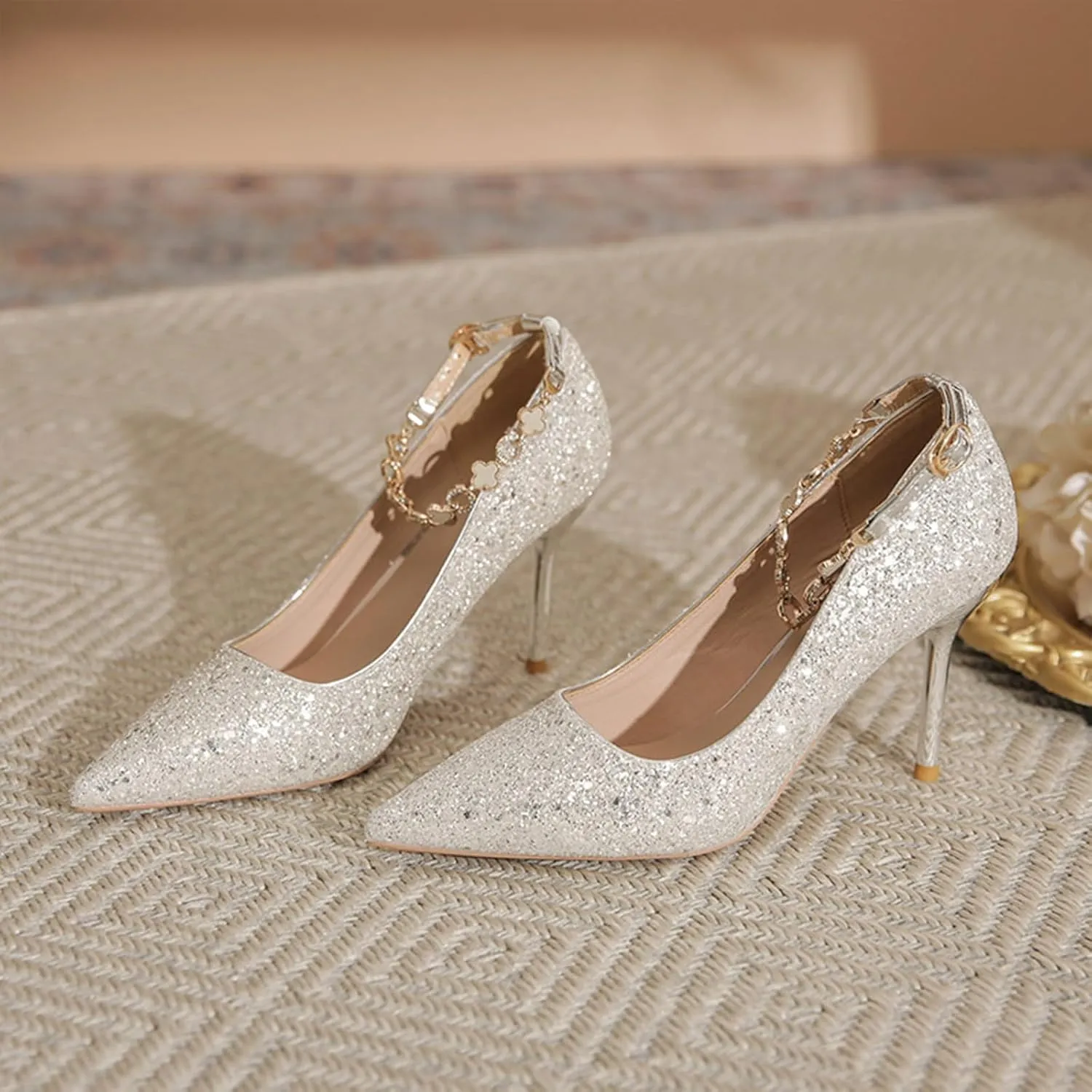 Women's Pointed Toe Stilettos High Heels Fashion Sequins Closed Pointed Toe Slip On Metal Chain Ankle Strap Wedding Party Prom Dress Shoes