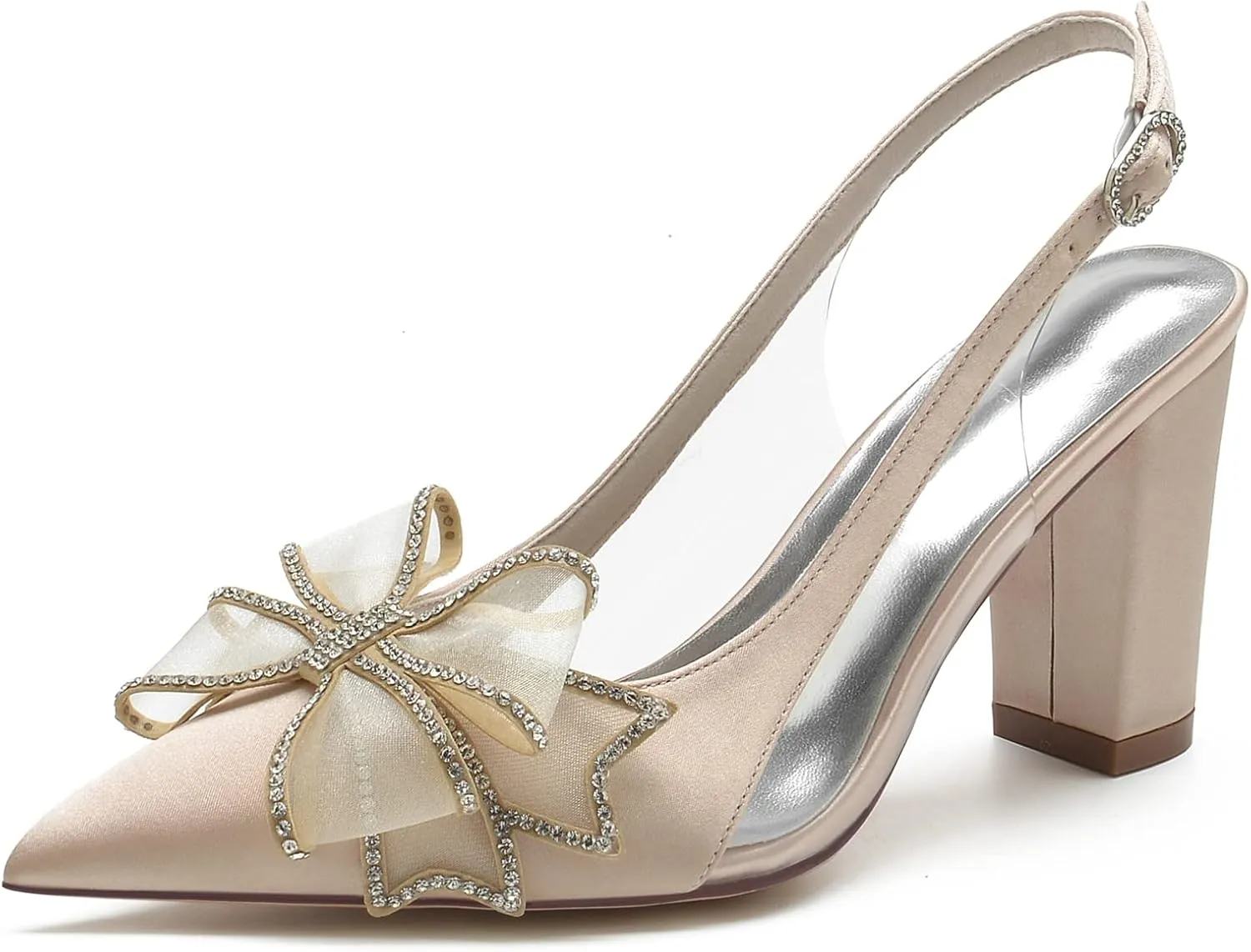 Women's Pointed Toe Wedding Shoes for Bride Block Heels Slingback Ankle Strap Satin Bridal Shoes High Heels Prom Party Dress Shoes Pumps