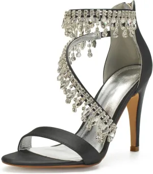 Women's Rhinestone Ankle Strap Stiletto Sandals Pointy Open Toe High Heels Pumps Sparkling Wedding Bridal Dress Shoes