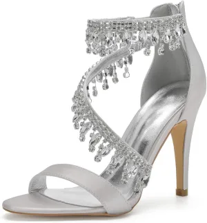 Women's Rhinestone Ankle Strap Stiletto Sandals Pointy Open Toe High Heels Pumps Sparkling Wedding Bridal Dress Shoes