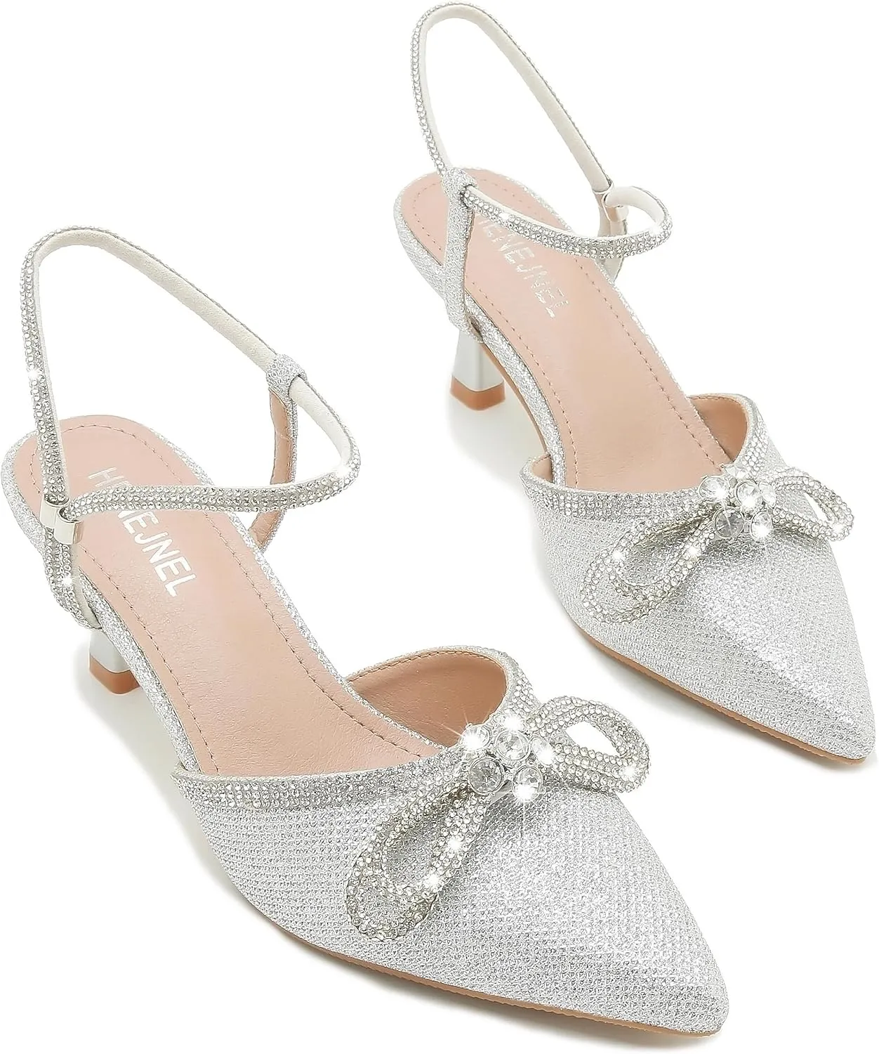 Womens Rhinestone Bow Heels, Slingback Low Kitten Heel Pumps Sparkly Closed Pointed Toe Ankle Strap Formal Evening Wedding Dress Party Shoes