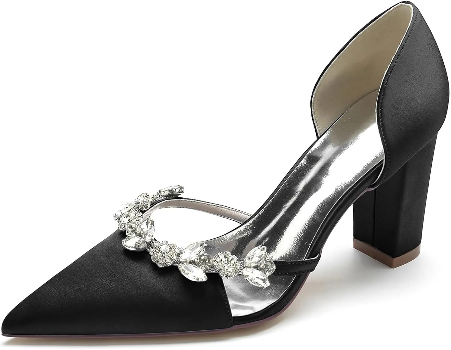 Women's Rhinestone Heel Dress Pumps Closed Pointed Toe Wedding Party Shoes Slip on Bridal Shoes Satin Court Shoes