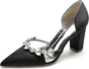 Women's Rhinestone Heel Dress Pumps Closed Pointed Toe Wedding Party Shoes Slip on Bridal Shoes Satin Court Shoes