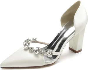 Women's Rhinestone Heel Dress Pumps Closed Pointed Toe Wedding Party Shoes Slip on Bridal Shoes Satin Court Shoes