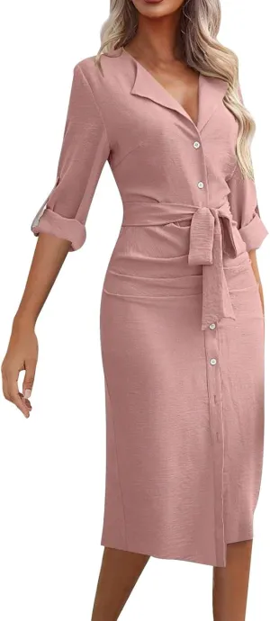 Women's Roll Up Long Sleeve Button Down Shirt Dress Casual Loose Front Split Work Business Dressy Midi Dresses with Belt