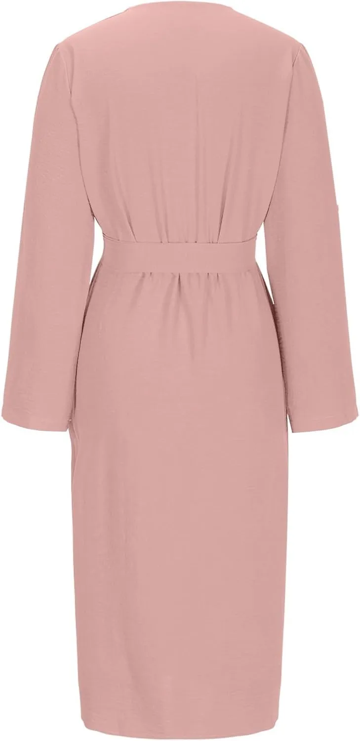 Women's Roll Up Long Sleeve Button Down Shirt Dress Casual Loose Front Split Work Business Dressy Midi Dresses with Belt