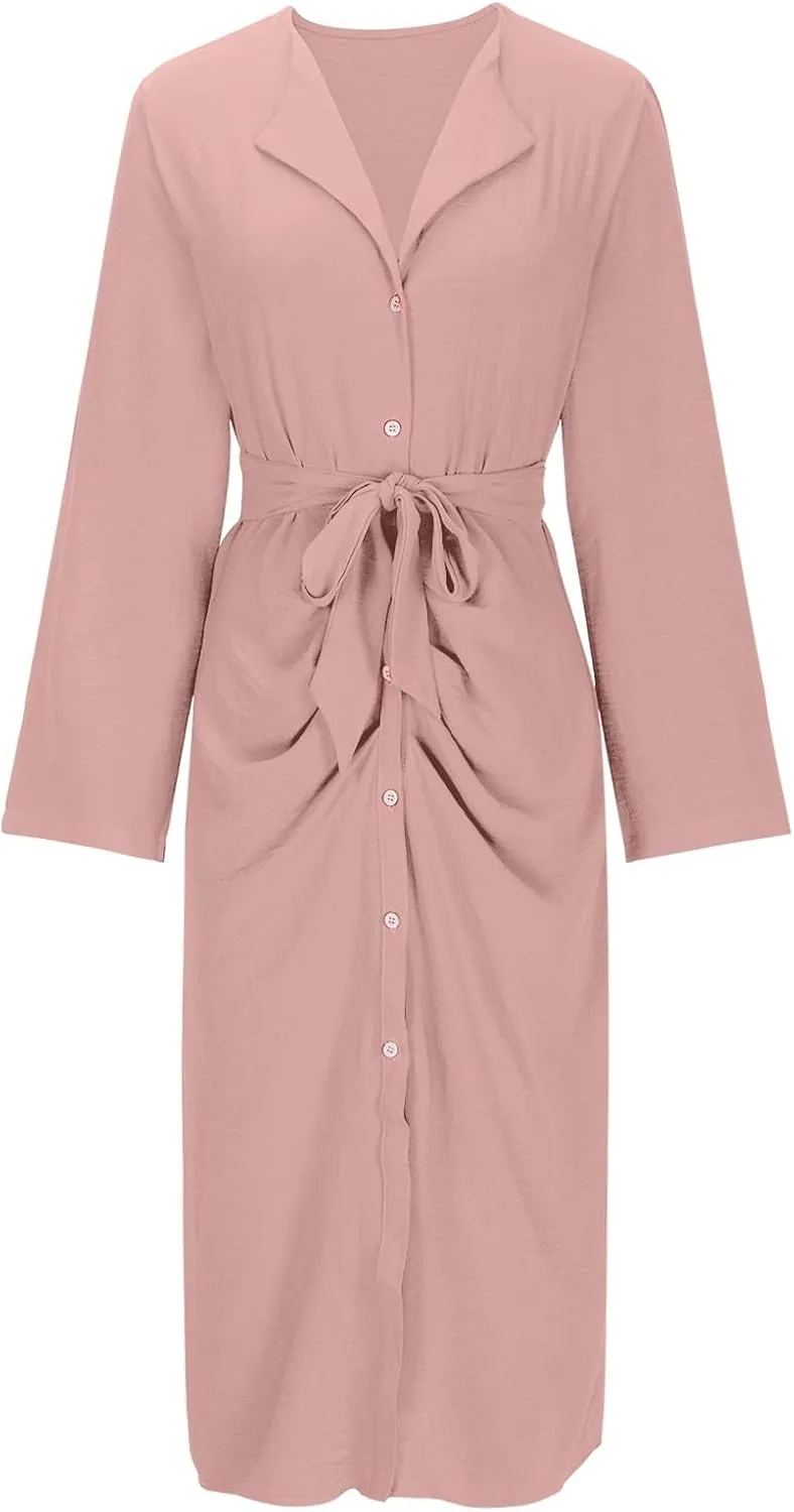 Women's Roll Up Long Sleeve Button Down Shirt Dress Casual Loose Front Split Work Business Dressy Midi Dresses with Belt
