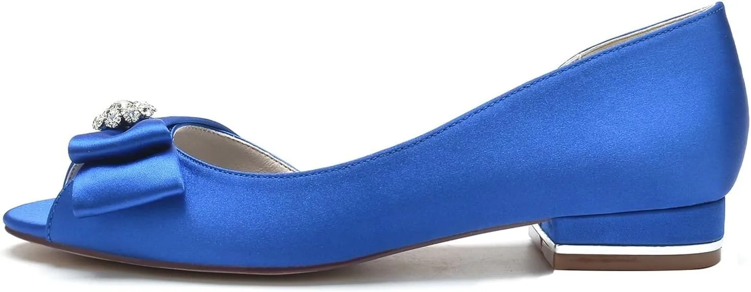 Womens Round Toe Wedding Flats Crystal Satin Prom Evening Open Toe Bridal Party Dress Flats