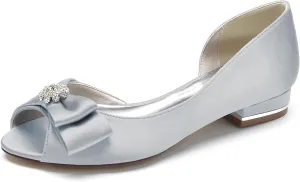 Womens Round Toe Wedding Flats Crystal Satin Prom Evening Open Toe Bridal Party Dress Flats
