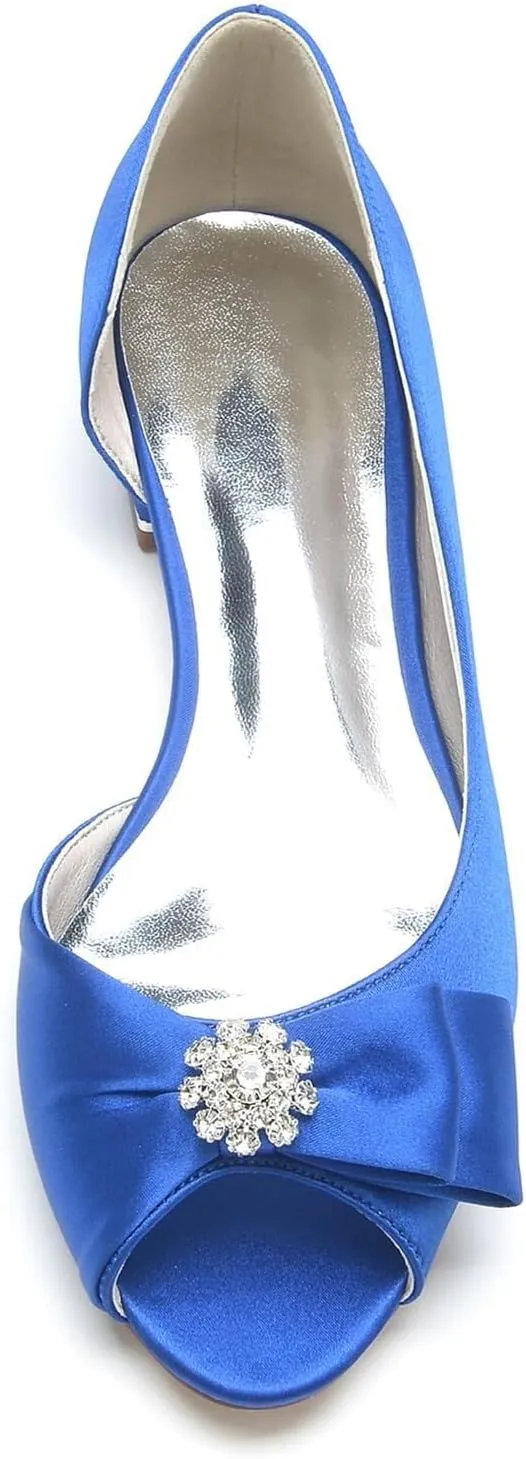 Womens Round Toe Wedding Flats Crystal Satin Prom Evening Open Toe Bridal Party Dress Flats