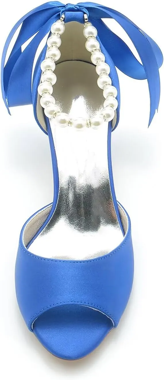 Womens Sandals Open Toe Kitten Heels Ankle Strap Pearls Heeled Sandals Ladies Summer Bridal Dress Shoes for Wedding Party Evening,6.5cm
