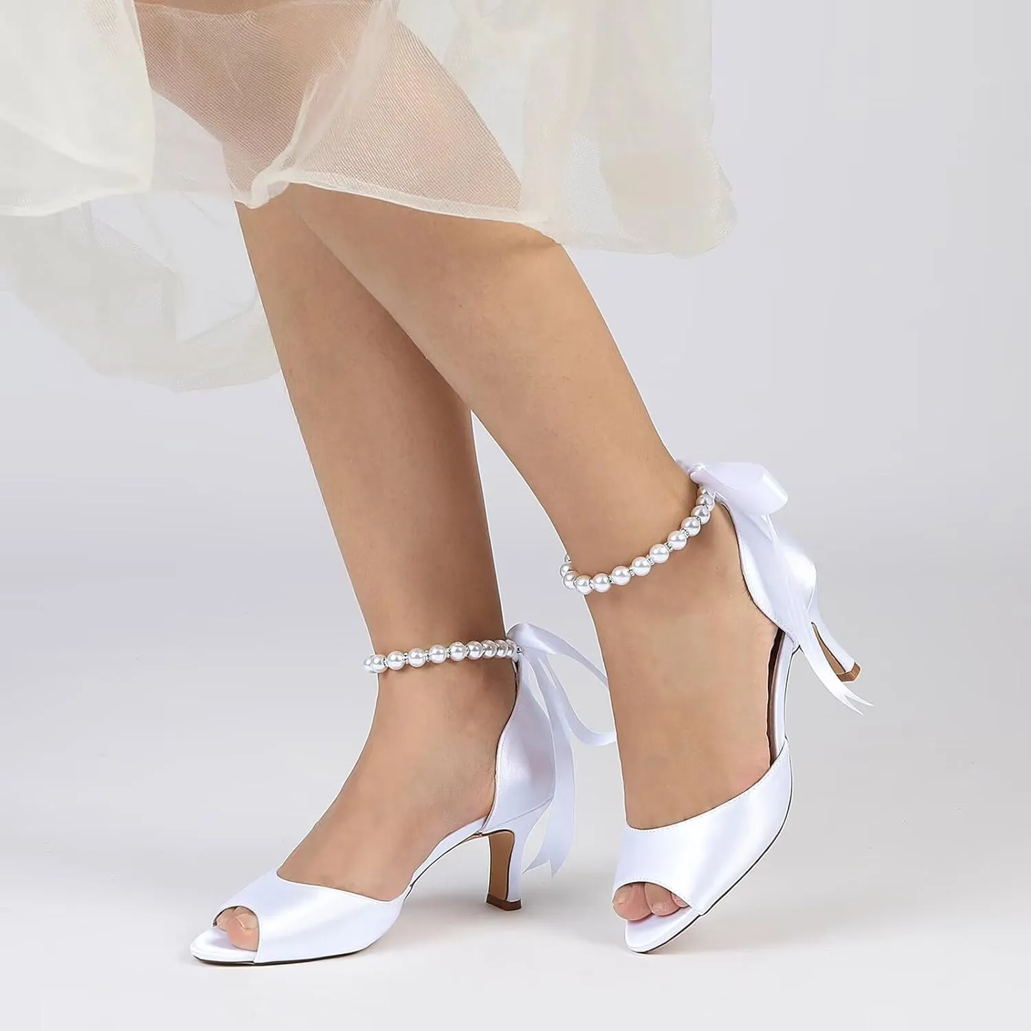 Womens Sandals Open Toe Kitten Heels Ankle Strap Pearls Heeled Sandals Ladies Summer Bridal Dress Shoes for Wedding Party Evening,6.5cm