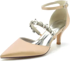 Women's Satin Heel Wedding Shoes for Bridal Ankle Strap Pointed Toe Pumps with Crystal Party Dress Sandals