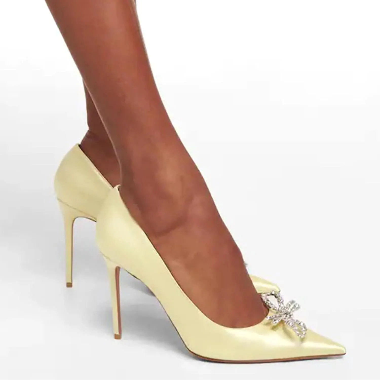 Women's Satin High Heels,Pointed-Toe Pumps with Crystal Accent,Slip-On Stiletto Heels for Parties and Wedding