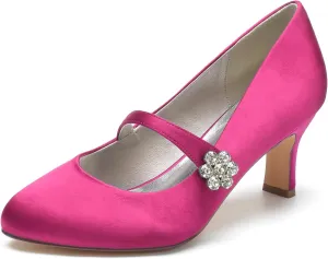 Women's Satin Rhinestone Court Shoes Buckle Bridal Shoes Mid Heel Dress Pumps Closed Toe Wedding Party Shoes