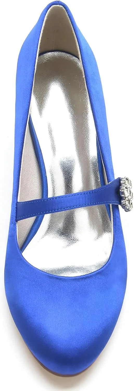 Women's Satin Rhinestone Court Shoes Buckle Bridal Shoes Mid Heel Dress Pumps Closed Toe Wedding Party Shoes
