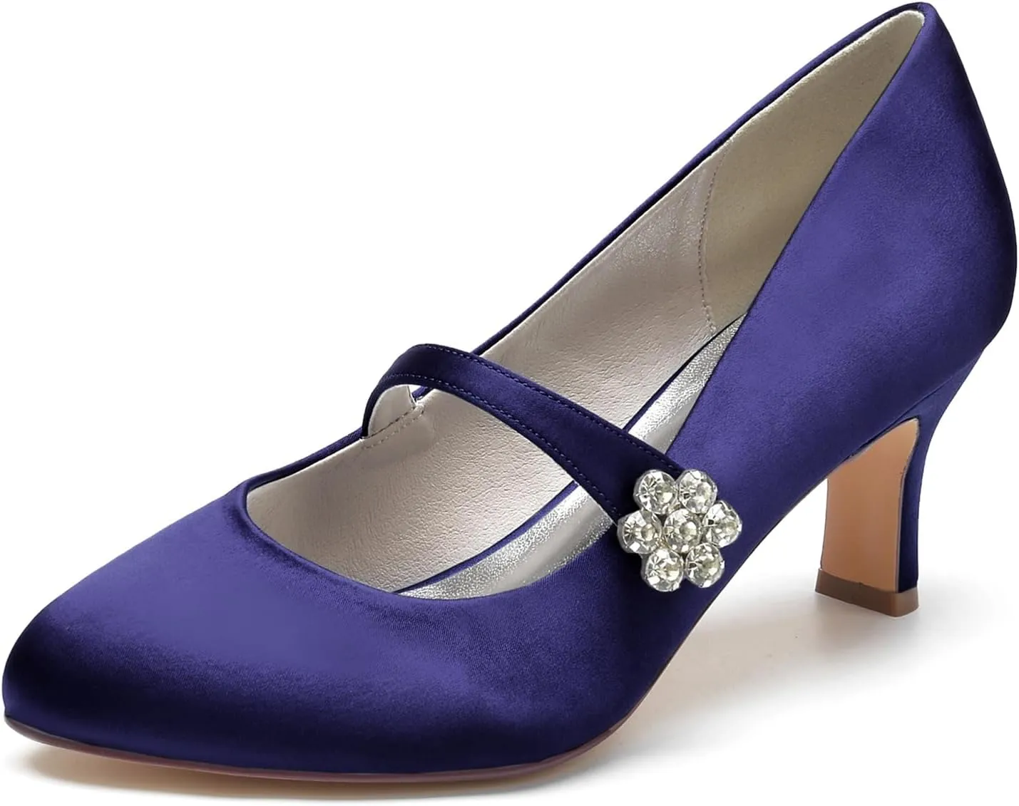 Women's Satin Rhinestone Court Shoes Buckle Bridal Shoes Mid Heel Dress Pumps Closed Toe Wedding Party Shoes
