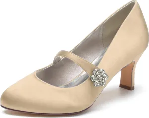 Women's Satin Rhinestone Court Shoes Buckle Bridal Shoes Mid Heel Dress Pumps Closed Toe Wedding Party Shoes