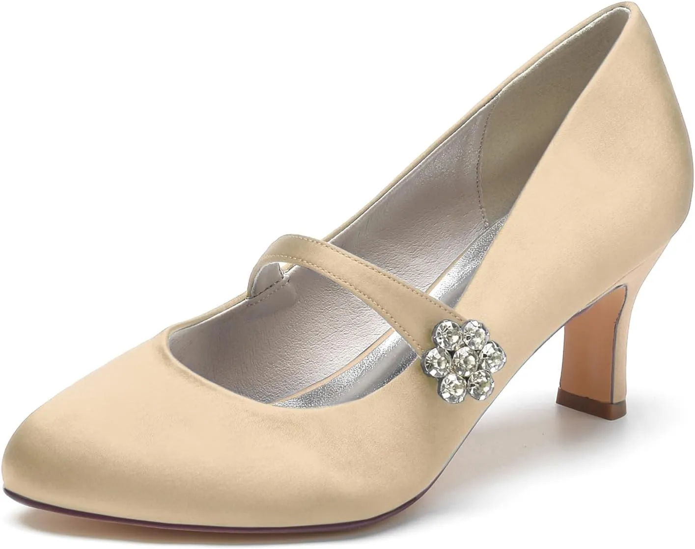 Women's Satin Rhinestone Court Shoes Buckle Bridal Shoes Mid Heel Dress Pumps Closed Toe Wedding Party Shoes