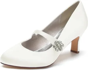 Women's Satin Rhinestone Court Shoes Buckle Bridal Shoes Mid Heel Dress Pumps Closed Toe Wedding Party Shoes