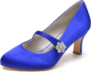 Women's Satin Rhinestone Court Shoes Buckle Bridal Shoes Mid Heel Dress Pumps Closed Toe Wedding Party Shoes