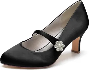 Women's Satin Rhinestone Court Shoes Buckle Bridal Shoes Mid Heel Dress Pumps Closed Toe Wedding Party Shoes