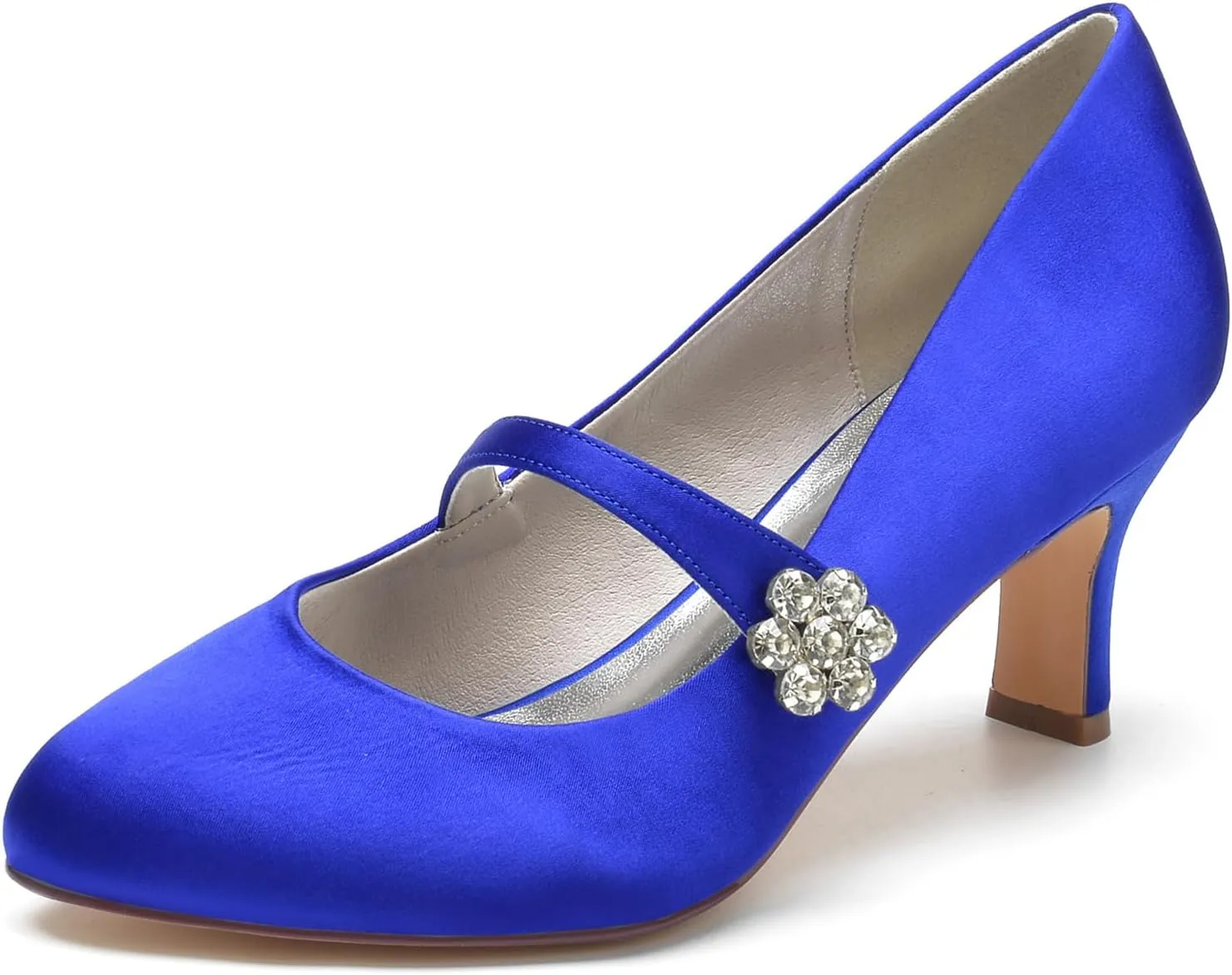 Women's Satin Rhinestone Court Shoes Buckle Bridal Shoes Mid Heel Dress Pumps Closed Toe Wedding Party Shoes