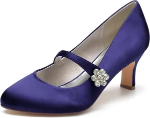Women's Satin Rhinestone Court Shoes Buckle Bridal Shoes Mid Heel Dress Pumps Closed Toe Wedding Party Shoes