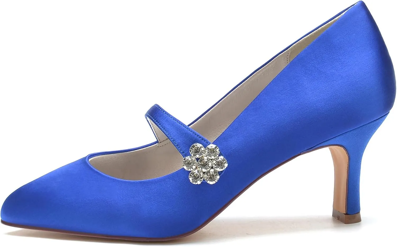 Women's Satin Rhinestone Court Shoes Buckle Bridal Shoes Mid Heel Dress Pumps Closed Toe Wedding Party Shoes