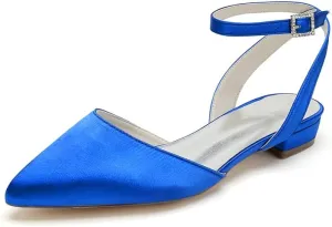 Women's Satin Wedding Flats for Bride Bridal Shoes Low Heel Closed Pointy Toe Pumps Ankle Strap Sandals