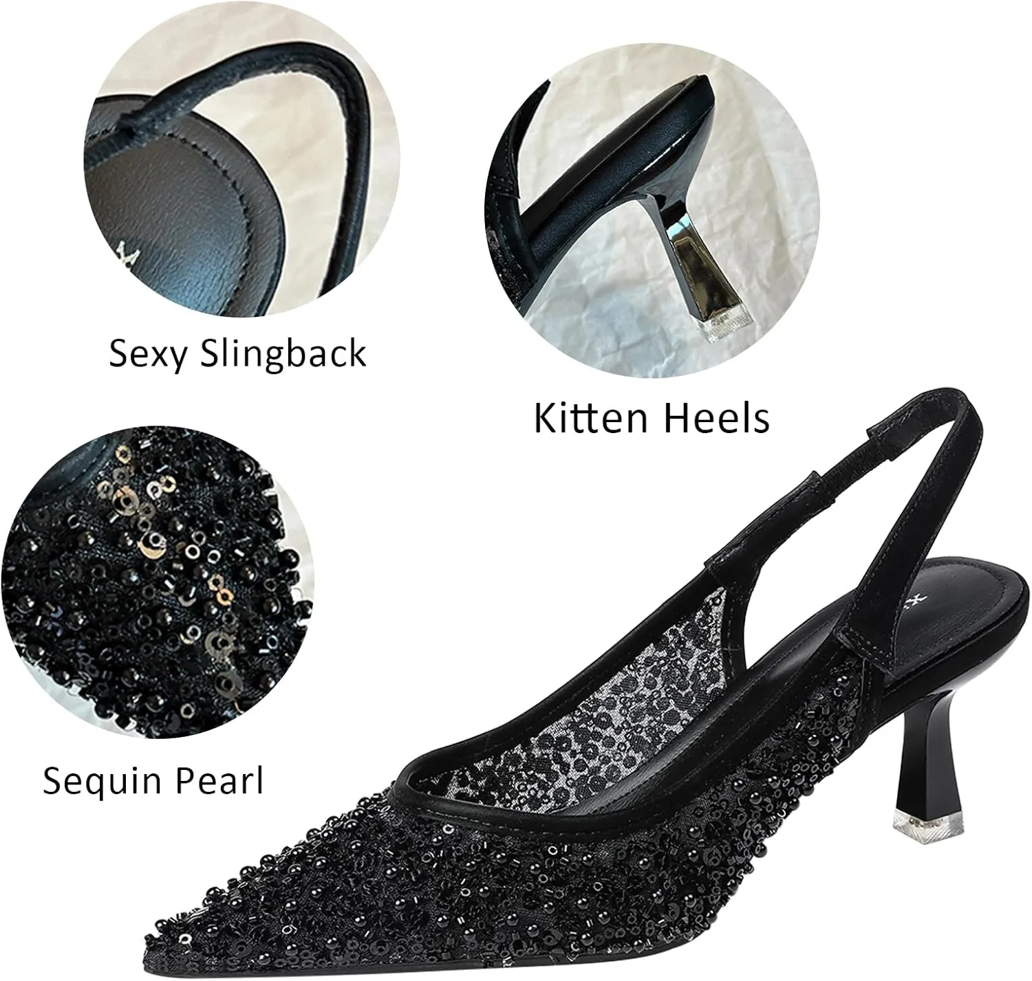 Women's Sequin Pearl Sexy Slingback Kitten Heels Mules Sandals With Back Strap Fashion Pointed Toe Comfortable Non-slip Slip on Stiletto Sandals for Party Wedding Dress