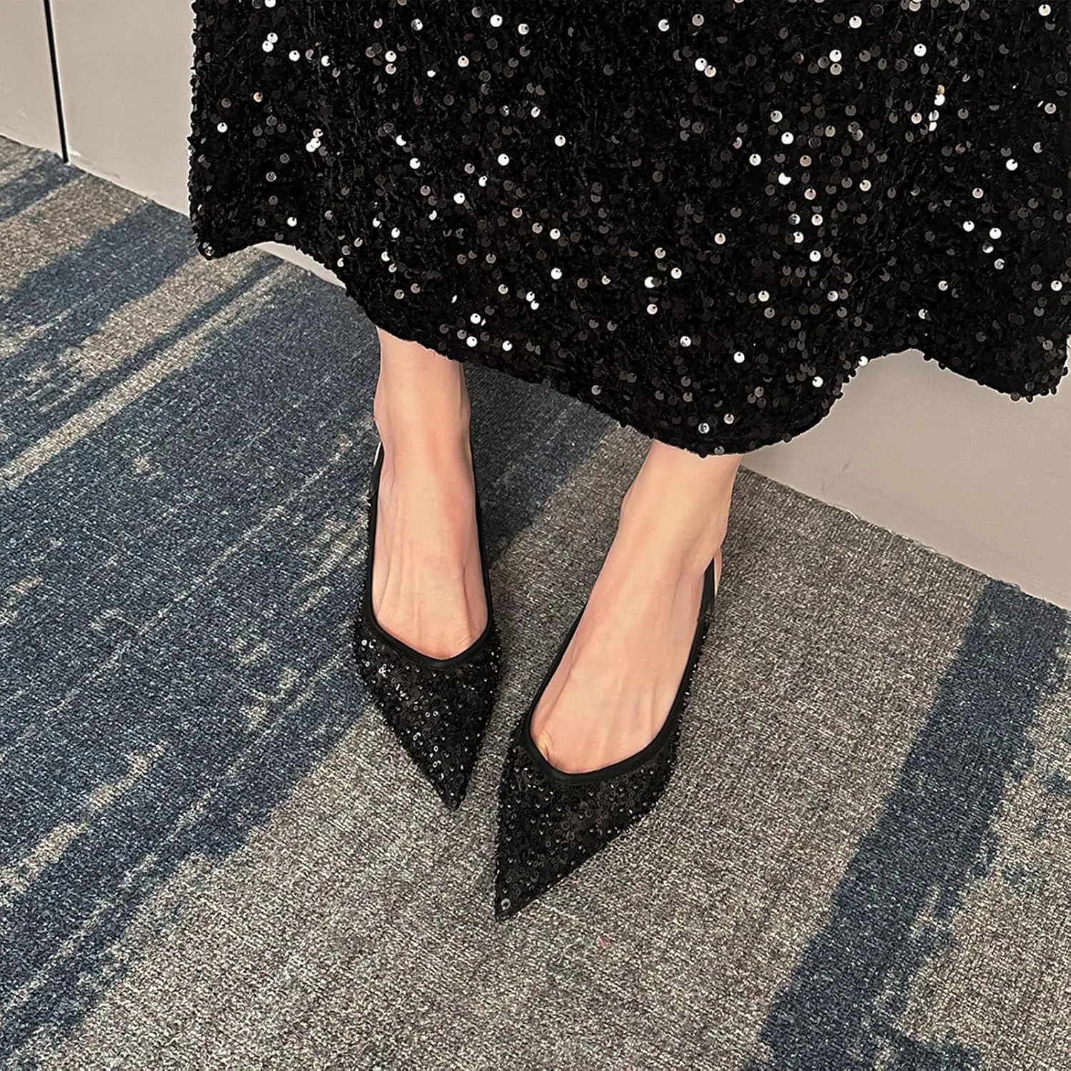 Women's Sequin Pearl Sexy Slingback Kitten Heels Mules Sandals With Back Strap Fashion Pointed Toe Comfortable Non-slip Slip on Stiletto Sandals for Party Wedding Dress