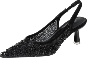 Women's Sequin Pearl Sexy Slingback Kitten Heels Mules Sandals With Back Strap Fashion Pointed Toe Comfortable Non-slip Slip on Stiletto Sandals for Party Wedding Dress