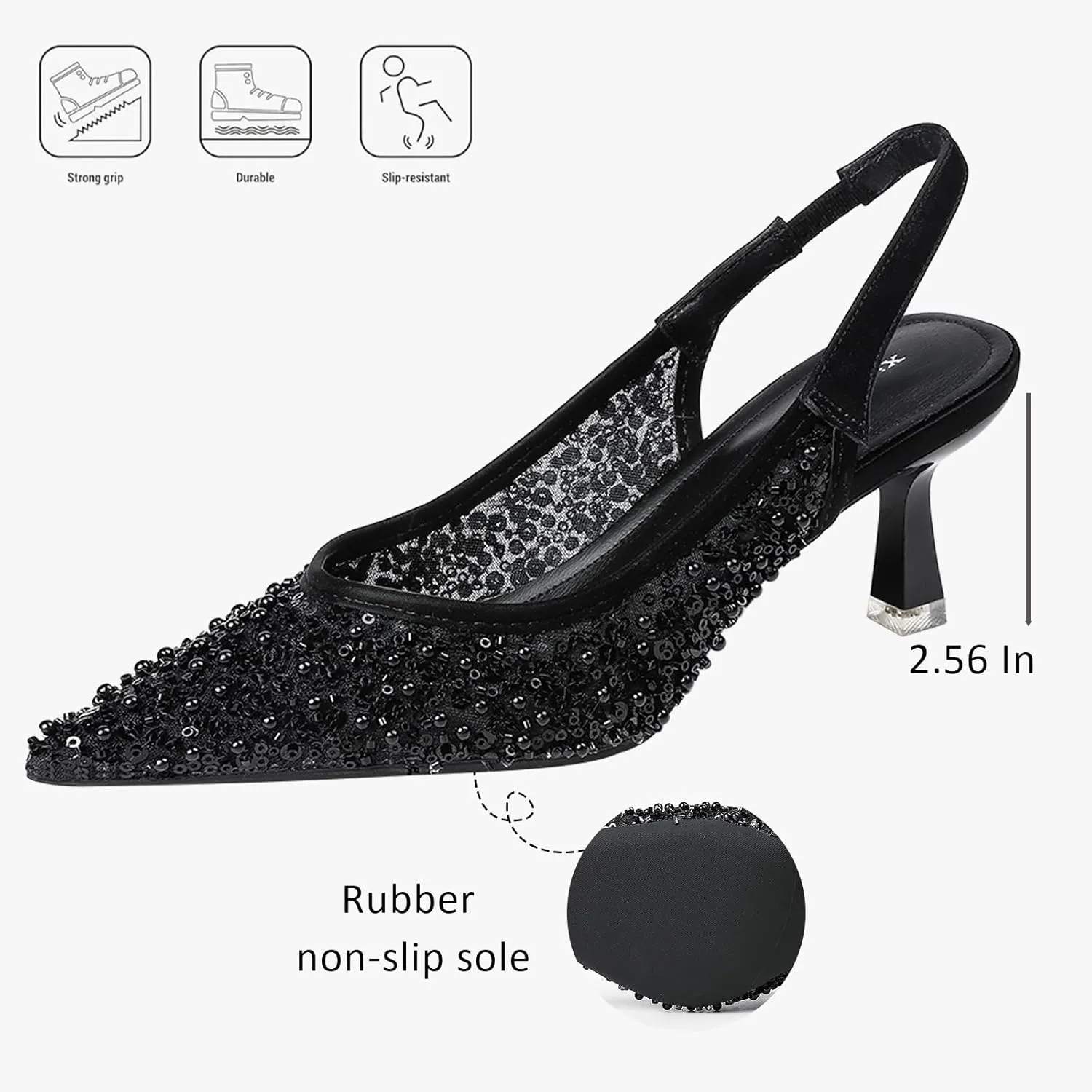 Women's Sequin Pearl Sexy Slingback Kitten Heels Mules Sandals With Back Strap Fashion Pointed Toe Comfortable Non-slip Slip on Stiletto Sandals for Party Wedding Dress