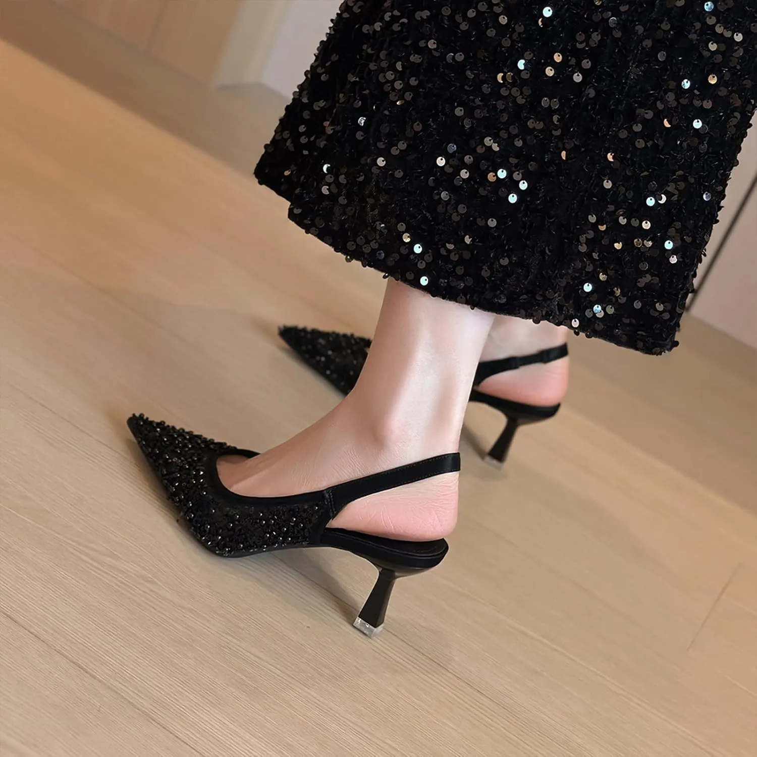 Women's Sequin Pearl Sexy Slingback Kitten Heels Mules Sandals With Back Strap Fashion Pointed Toe Comfortable Non-slip Slip on Stiletto Sandals for Party Wedding Dress