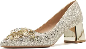 Women's Sequined Closed Pointed Toe Chunky Heel Pumps Comfortable Mid Block Heel Slip-On Dress Shoes for Party Date Prom Wedding